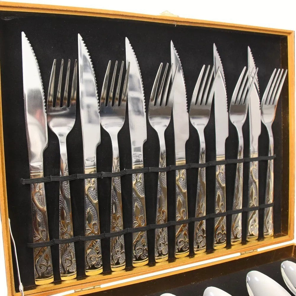 Kit Faqueiro Talheres com Maleta 24 Peças em Inox com Dourado + Frete Grátis + Envio Imediato + Brinde