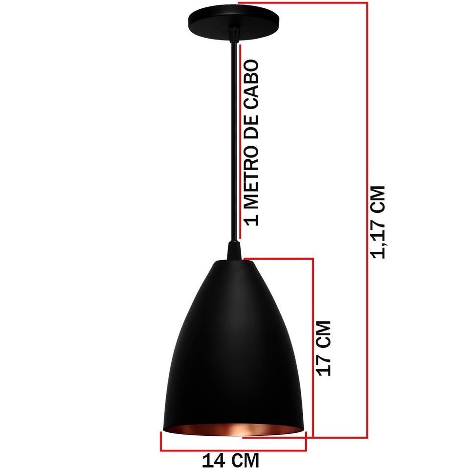 Kit com 3 Luminárias Pendentes Cone Preto Cobre Lustre 17cm + Frete Grátis + Envio Imediato + Brinde