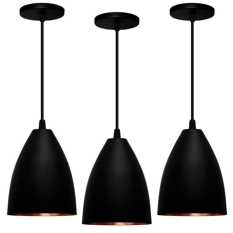 Kit com 3 Luminárias Pendentes Cone Preto Cobre Lustre 17cm + Frete Grátis + Envio Imediato + Brinde