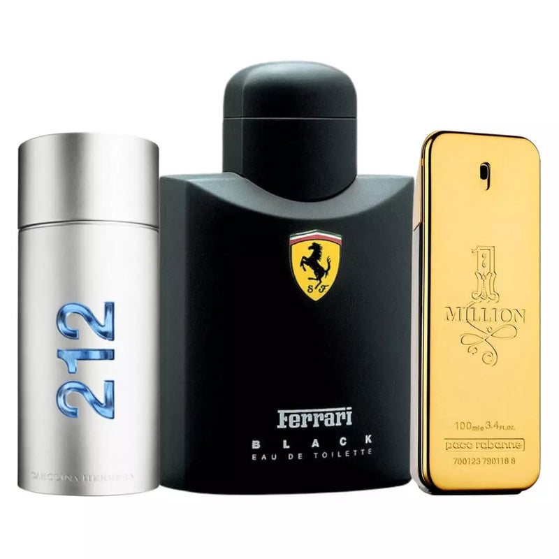 Combo 3 Perfumes Masculinos - Ferrari Black, 1 Million e 212 Men Nyc - Eau de Toilette 100ml