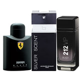 Combo 3 Perfumes Masculinos - Silver Scente, 212 Vip Black, Ferrari Black - Eau de Toilette 100ml - Frete Grátis + Envio Imediato