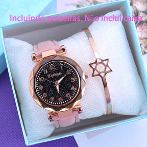Relógio Feminino com Mostrador Céu Estrelado Strass Diamante + Brinde Pulseira + Frete Grátis + Envio Imediato