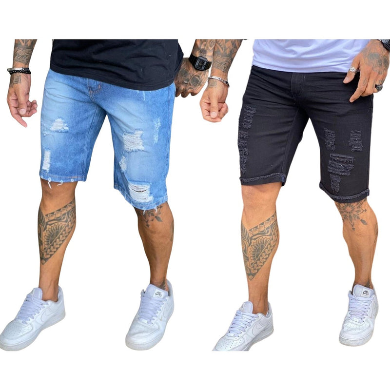 Kit 2 Bermudas Jeans Masculinas Rasgada Destroyed Verão 2022 + Frete Grátis + Envio Imediato + Brinde