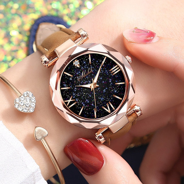 Relógio Feminino de Quartzo Céu Estrelado e Pulseira de Couro + Frete Grátis + Envio Imediato + Brinde