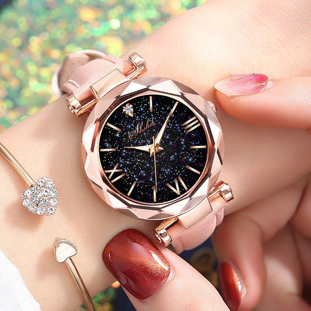 Relógio Feminino de Quartzo Céu Estrelado e Pulseira de Couro + Frete Grátis + Envio Imediato + Brinde