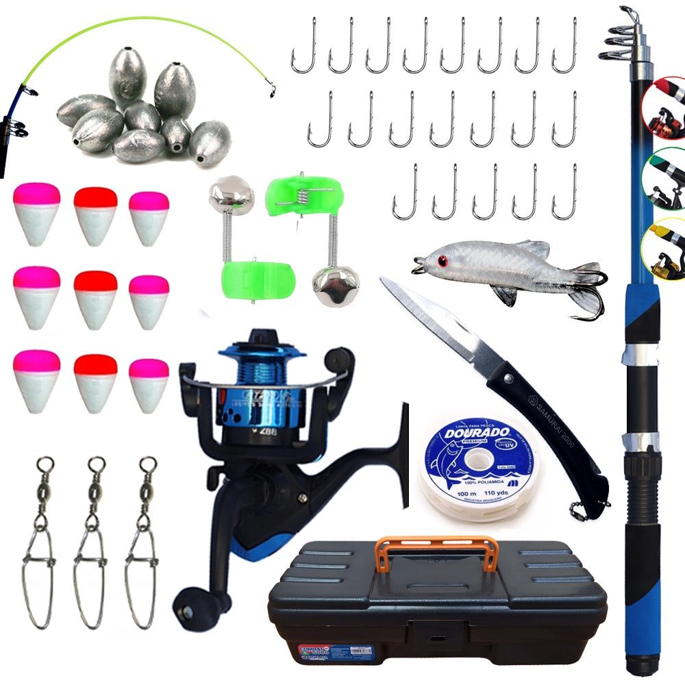 Kit de Pescaria com Vara Molinete Maleta Isca Artifical Canivete e Mais + Frete Grátis + Envio Imediato + Brinde
